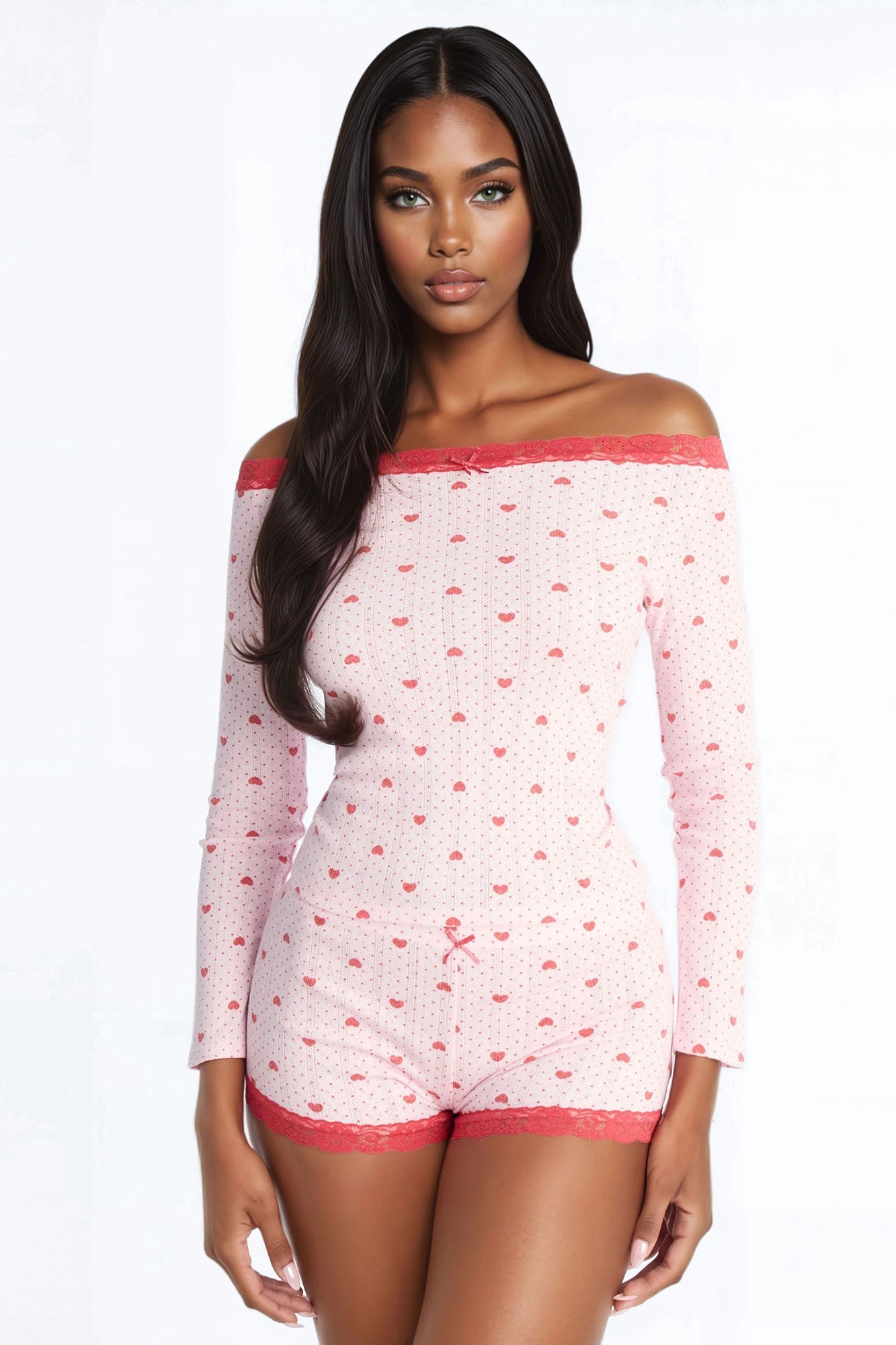 My Heart Is Yours Pointelle Off Shoulder PJ Short Set - Pink/combo