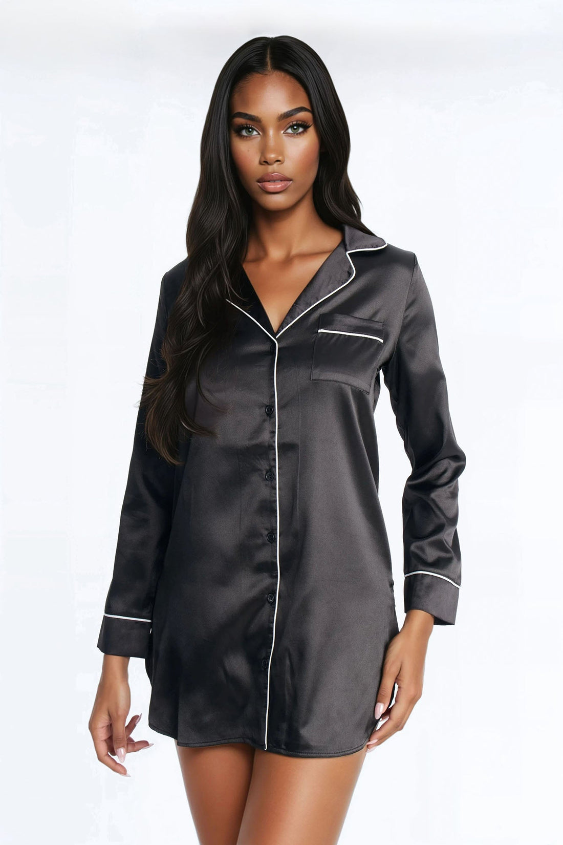 Bedtime Stretch Satin Long Sleeve PJ Sleep Shirt - Black