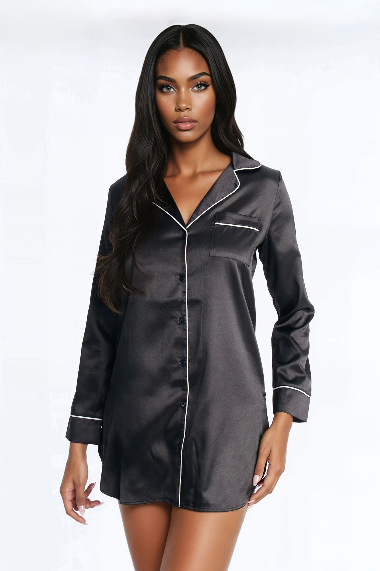 Bedtime Stretch Satin Long Sleeve PJ Sleep Shirt - Black