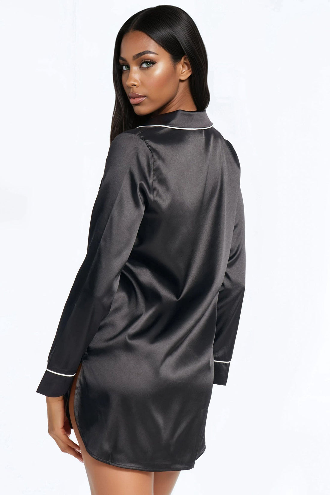 Bedtime Stretch Satin Long Sleeve PJ Sleep Shirt - Black