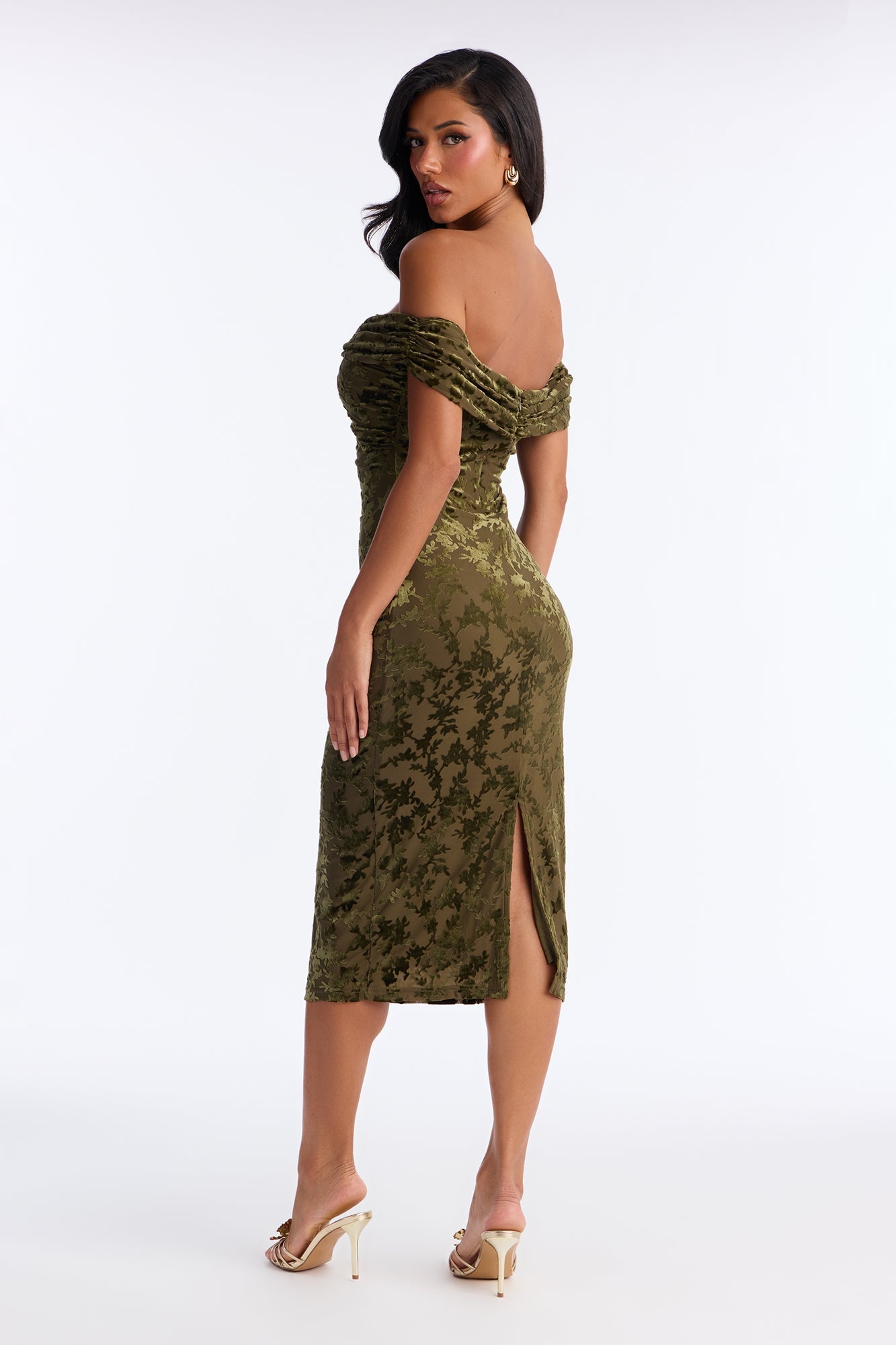 Milena Flocked Mesh Midi Dress - Olive