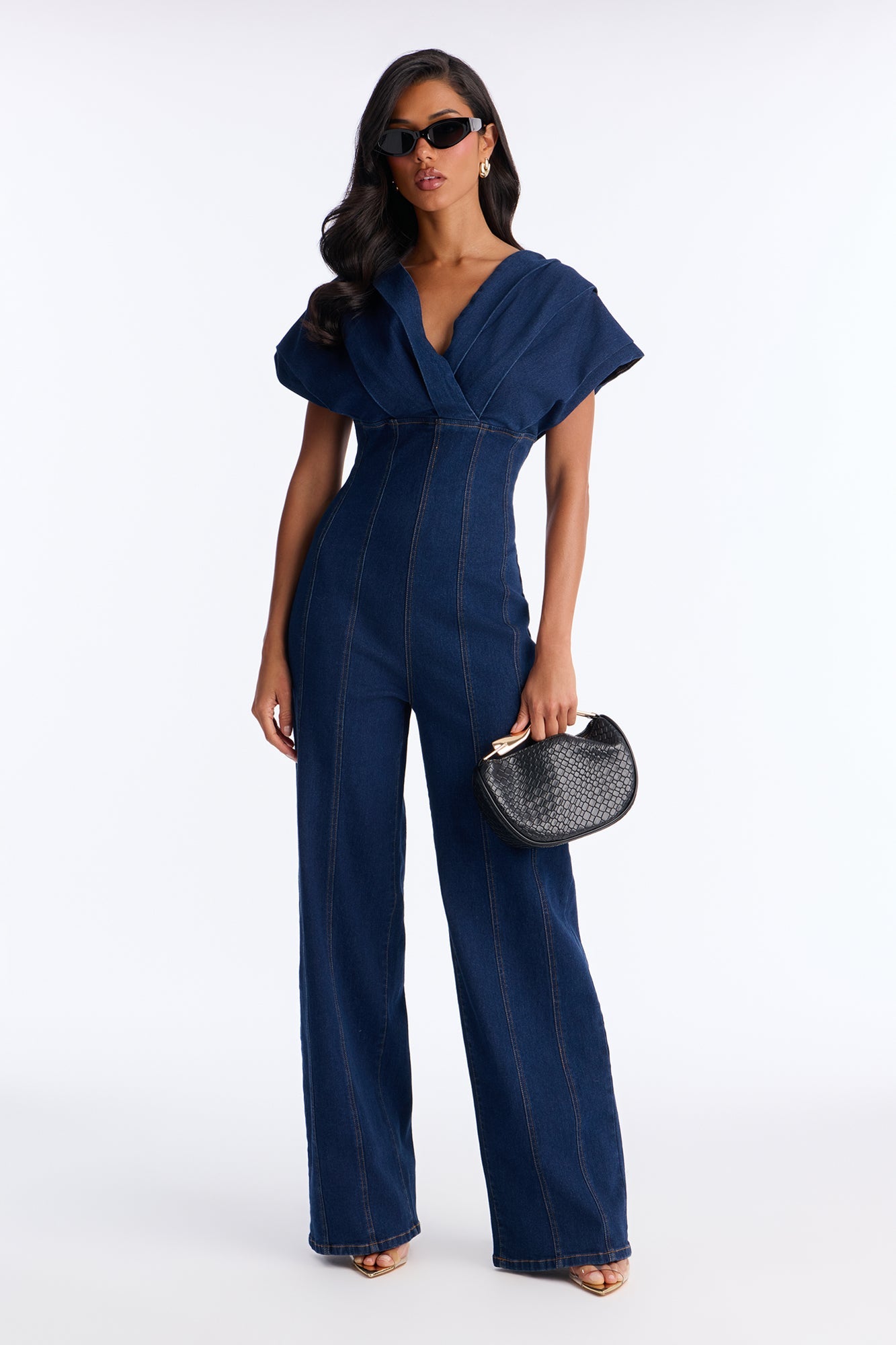Jules Denim Drama Wide Leg Jumpsuit - Dark Denim