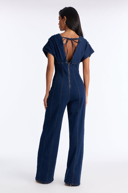Jules Denim Drama Wide Leg Jumpsuit - Dark Denim