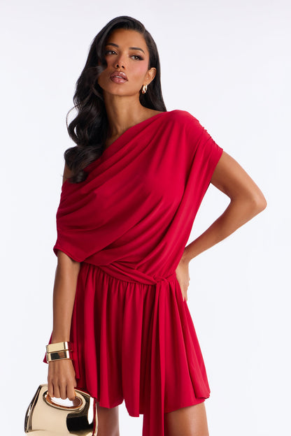 Uma Ruched Short Sleeve Romper - Red