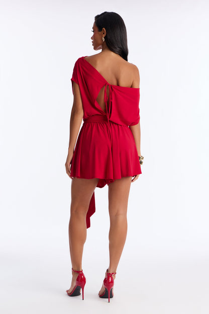 Uma Ruched Short Sleeve Romper - Red