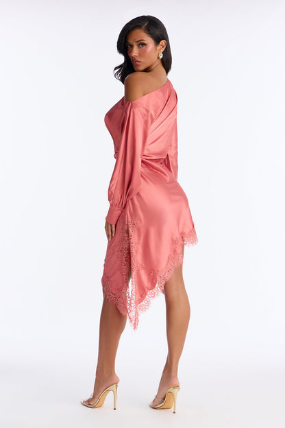 Savannah Asymmetrical Satin Mini Dress - Rose