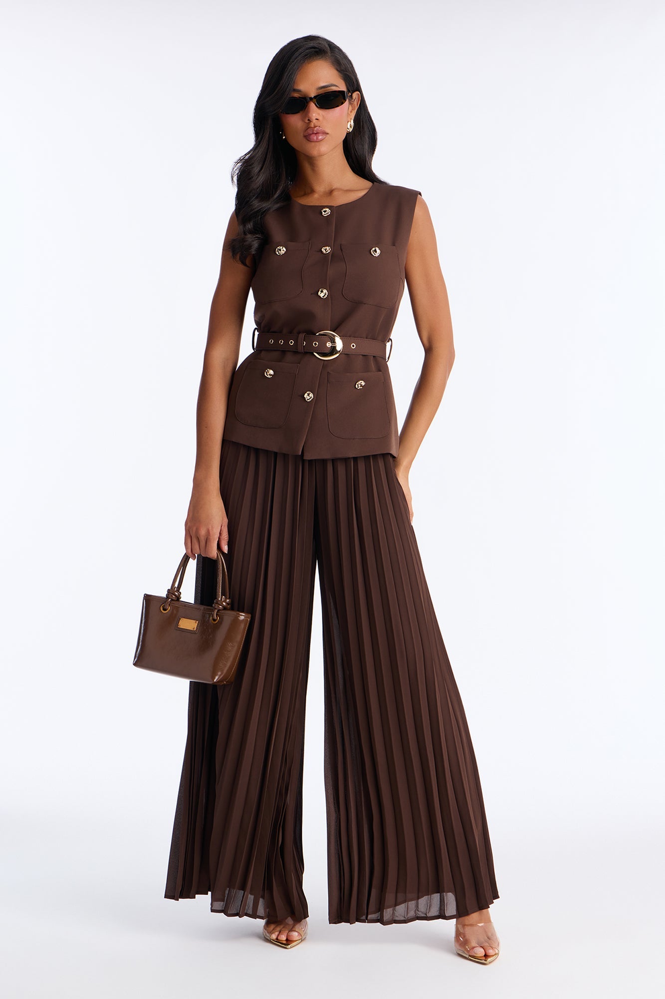 Grace Belted Vest Pant Set - Chocolate