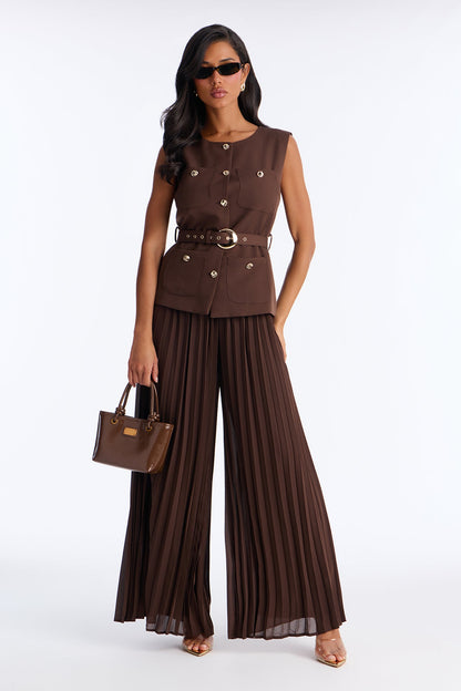 Grace Belted Vest Pant Set - Chocolate