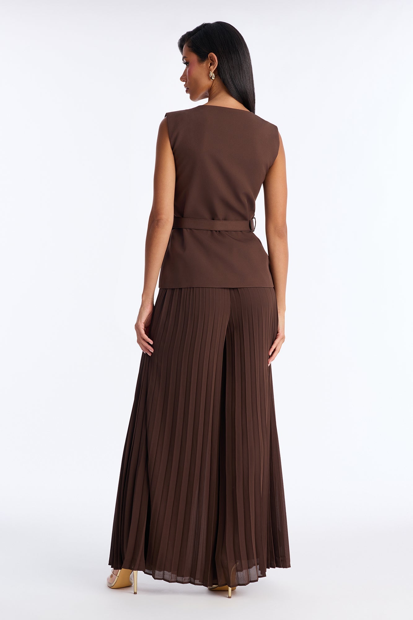 Grace Belted Vest Pant Set - Chocolate