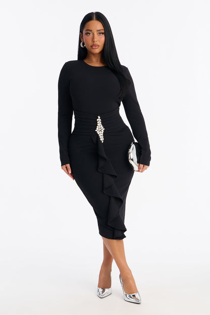 Mandy Long Sleeve Ruffle Midi Dress - Black