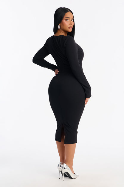 Mandy Long Sleeve Ruffle Midi Dress - Black