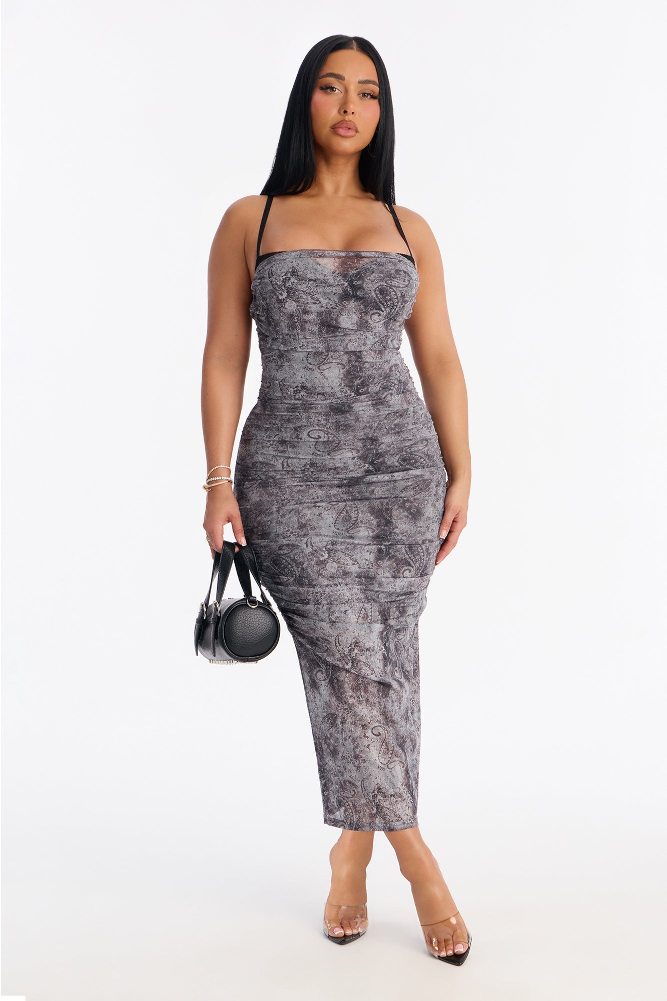 Waverly Paisley Mesh Midi Dress - Grey/combo