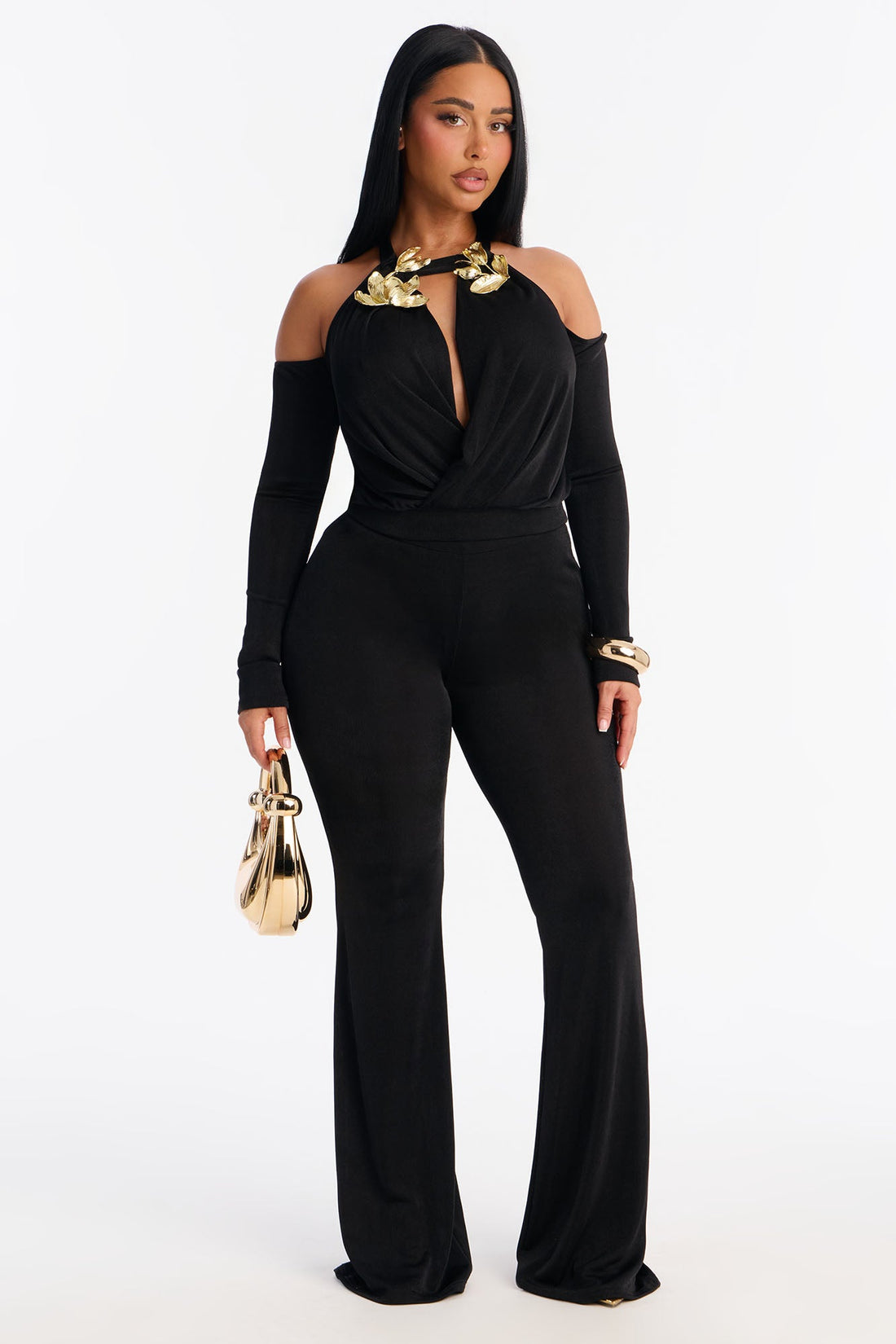 Marysa Cold Shoulder Hardware Pant Set - Black