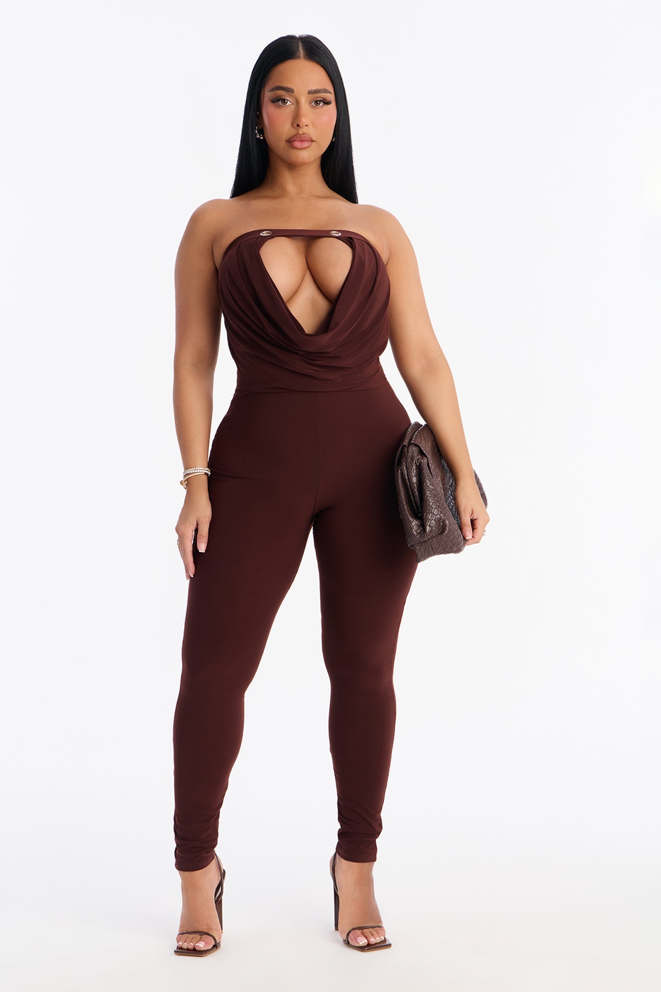 Francesca Strapless Cut Out Catsuit - Chocolate