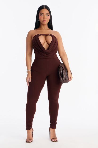 Francesca Strapless Cut Out Catsuit - Chocolate