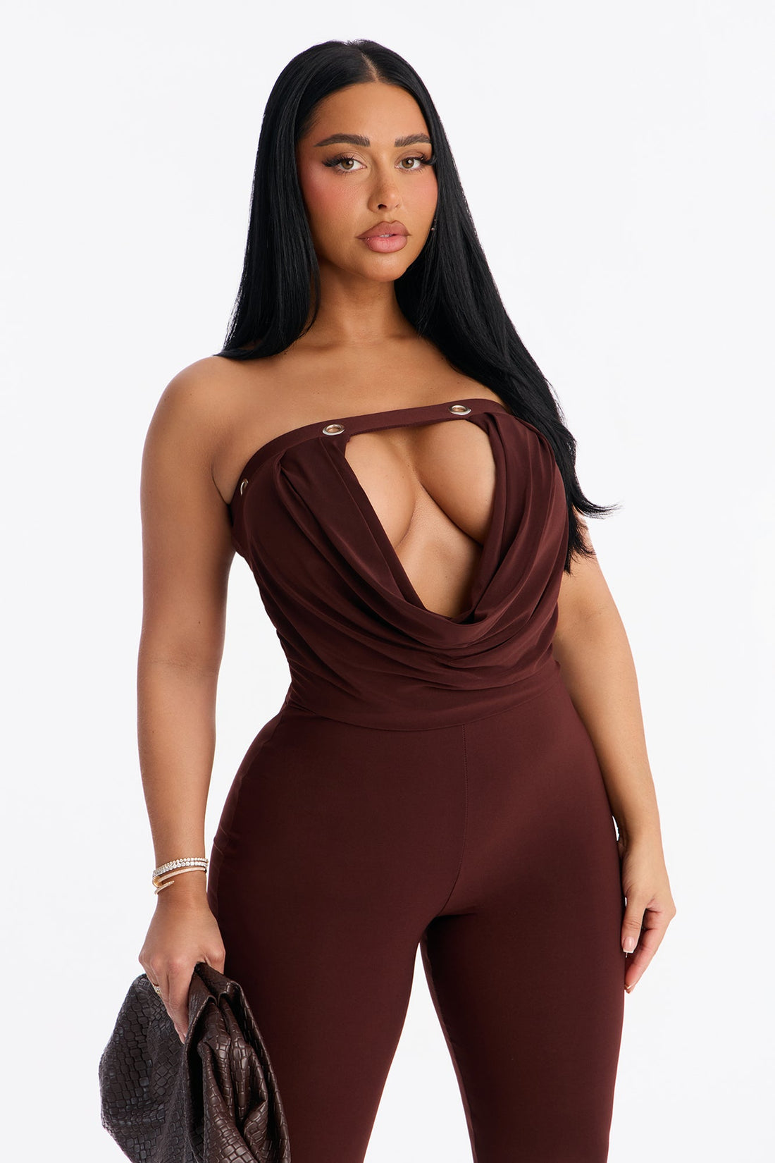 Francesca Strapless Cut Out Catsuit - Chocolate