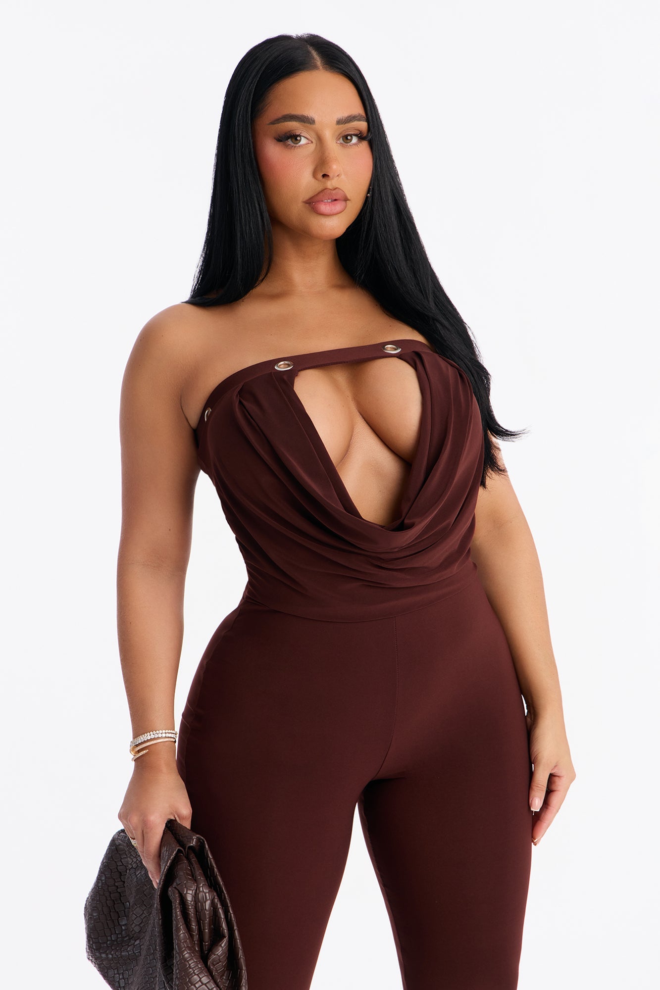 Francesca Strapless Cut Out Catsuit - Chocolate