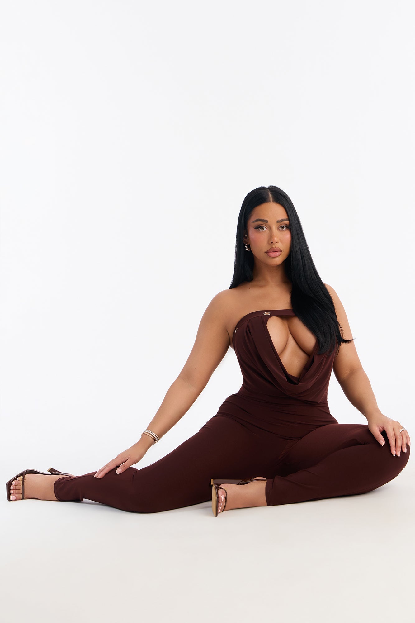 Francesca Strapless Cut Out Catsuit - Chocolate