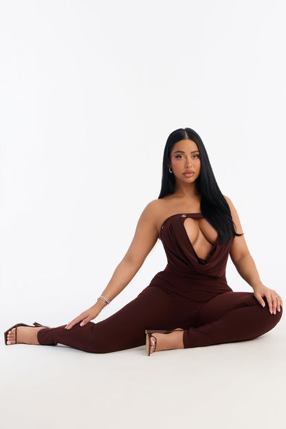 Francesca Strapless Cut Out Catsuit - Chocolate