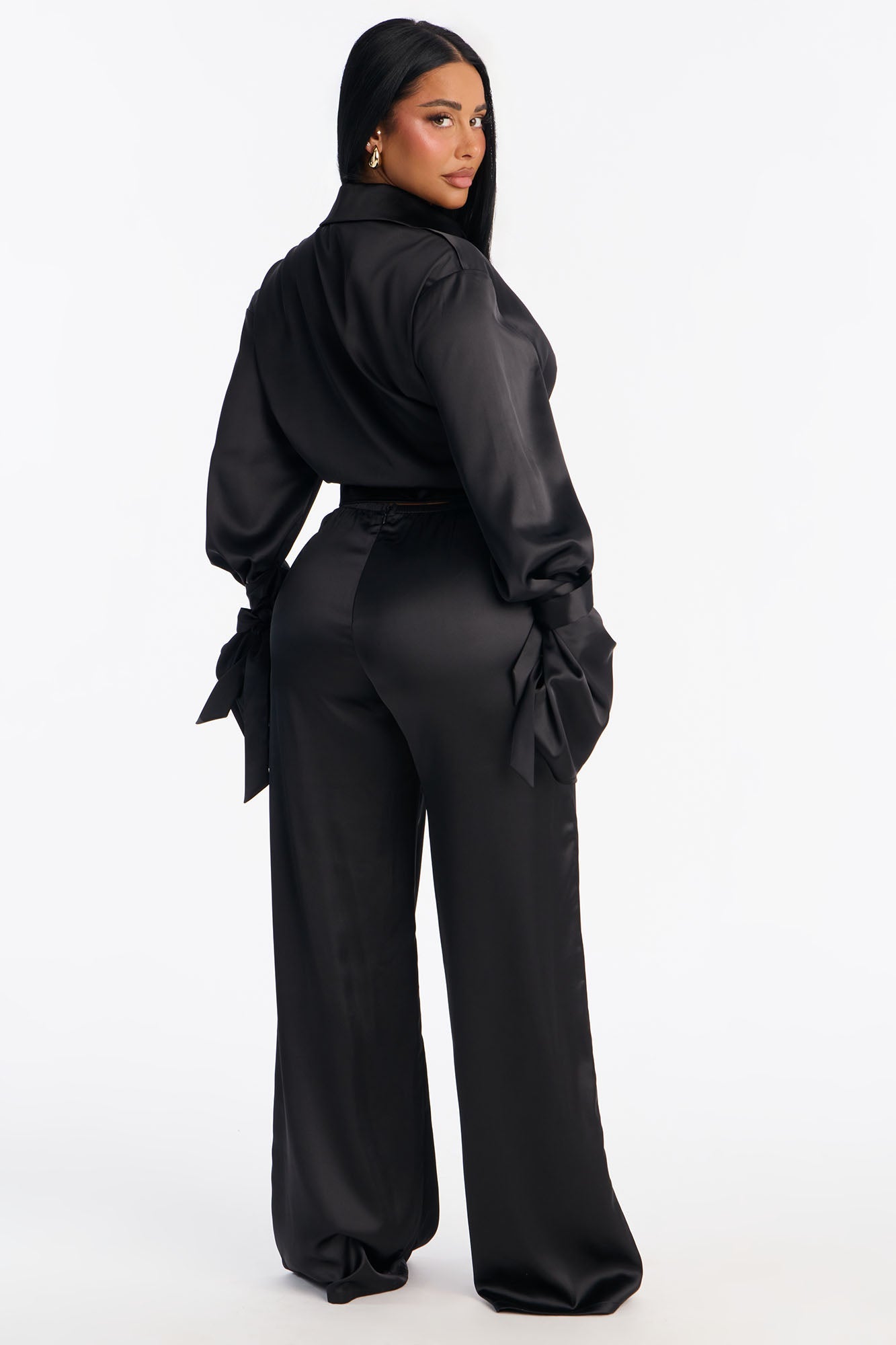 Lost In Allure Satin Pant Set - Black