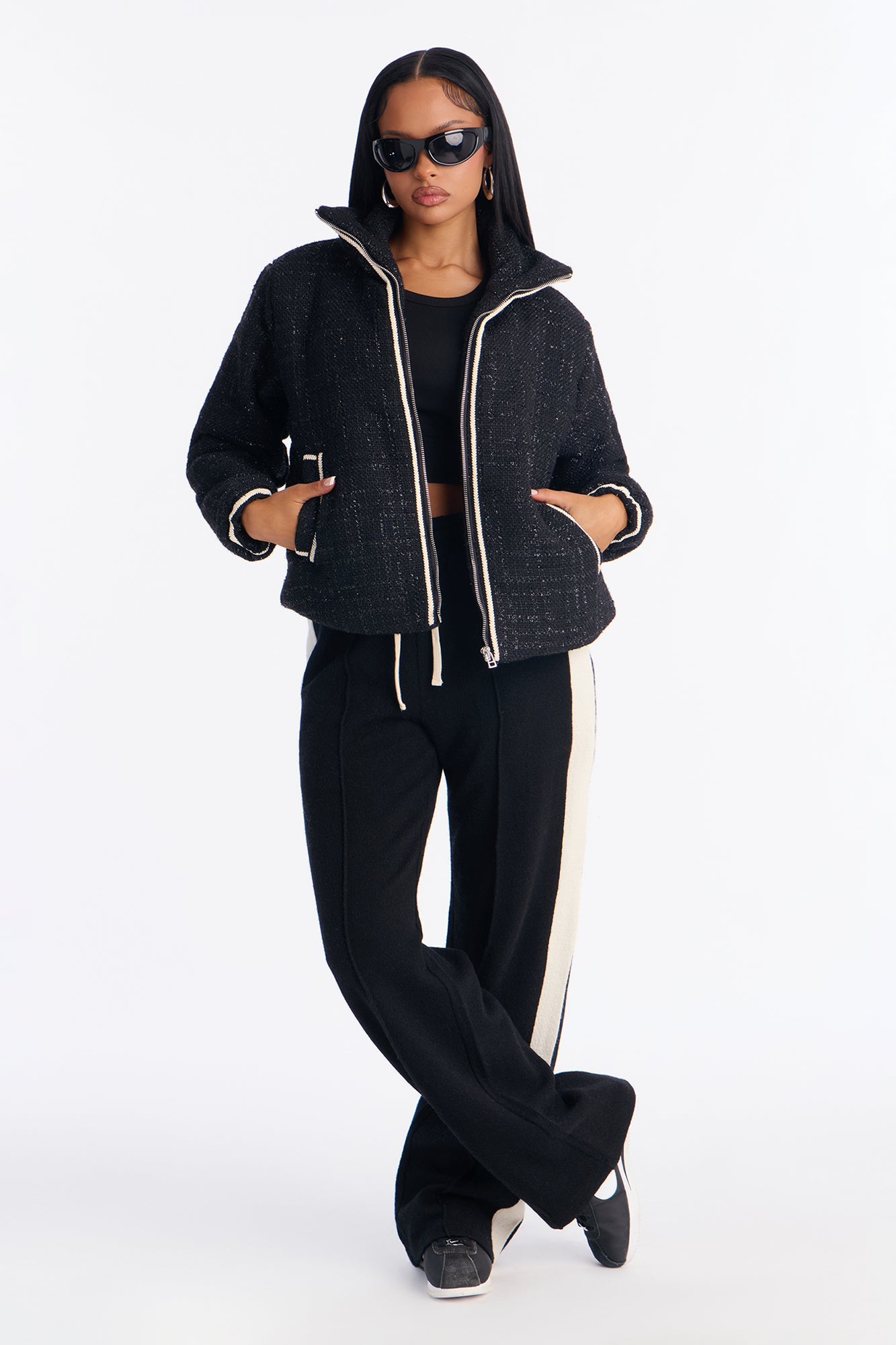 Eliza Tweed Contrast Trim Puffer Jacket - Black
