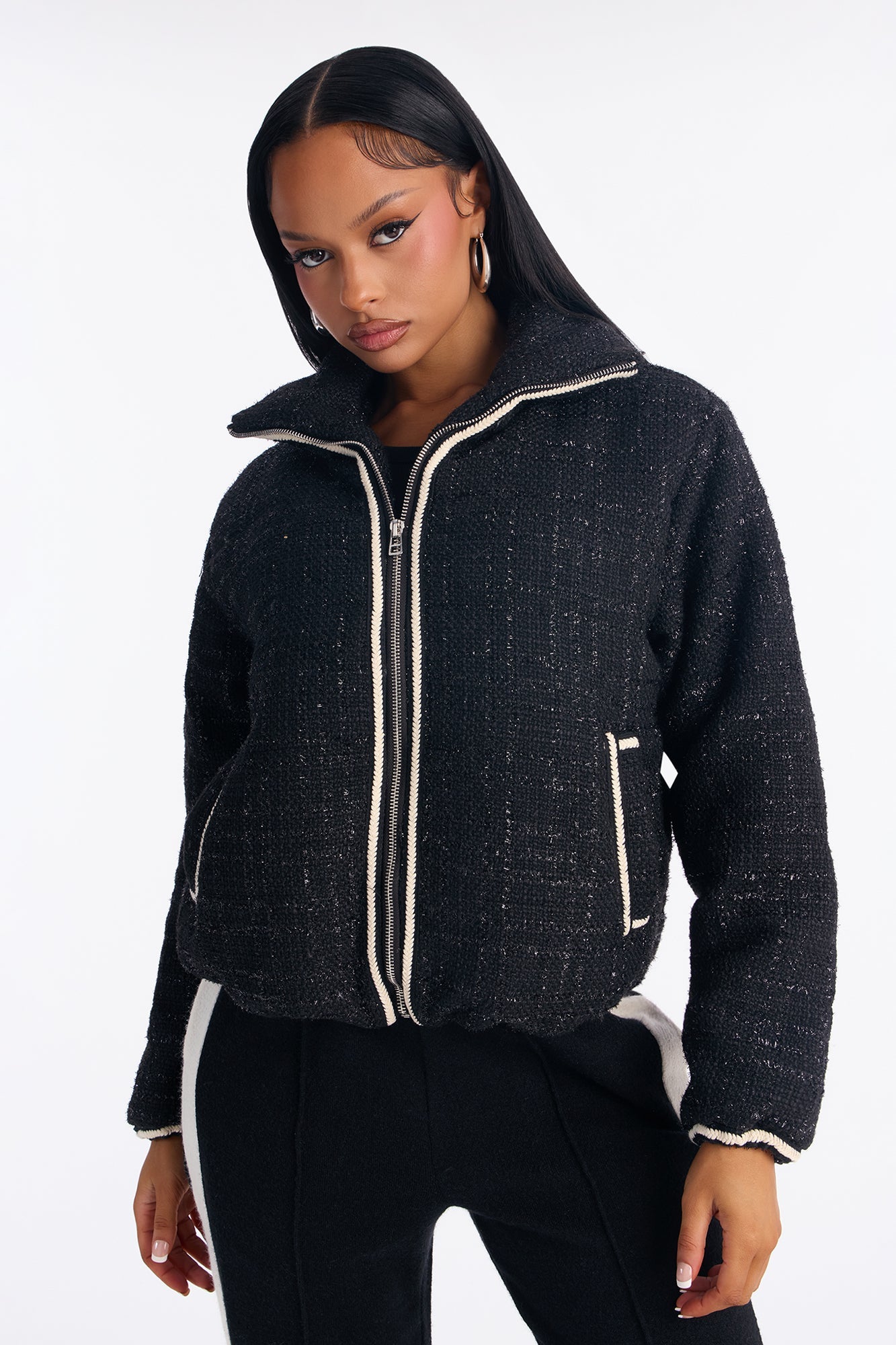 Eliza Tweed Contrast Trim Puffer Jacket - Black