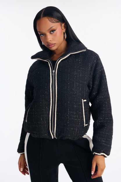 Eliza Tweed Contrast Trim Puffer Jacket - Black