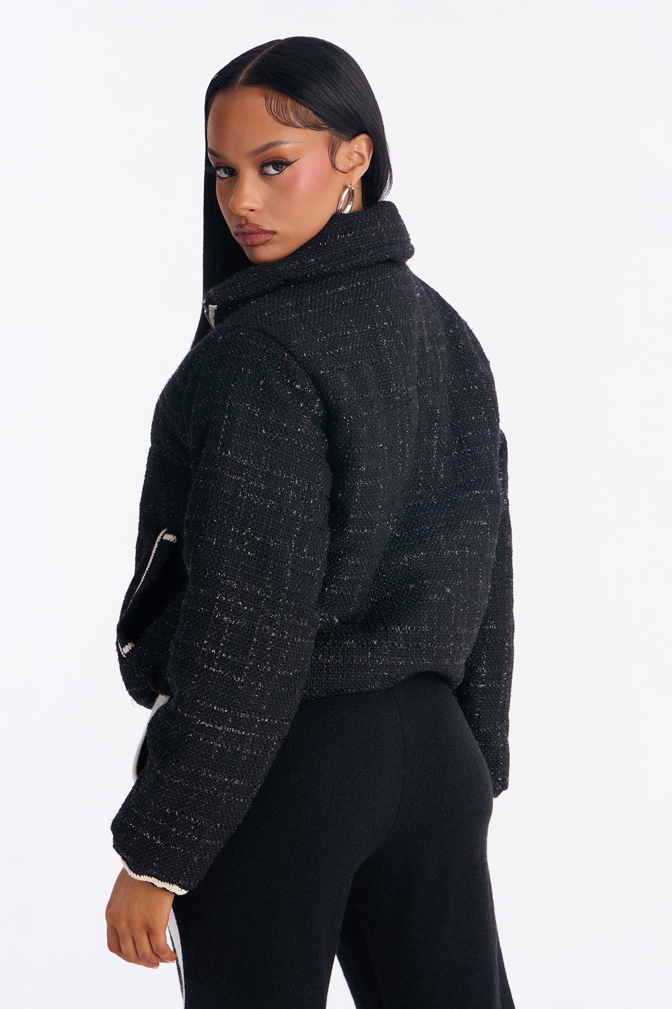 Eliza Tweed Contrast Trim Puffer Jacket - Black