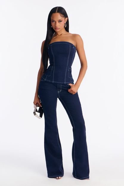 Vanessa Strapless Denim Pant Set - Dark Wash