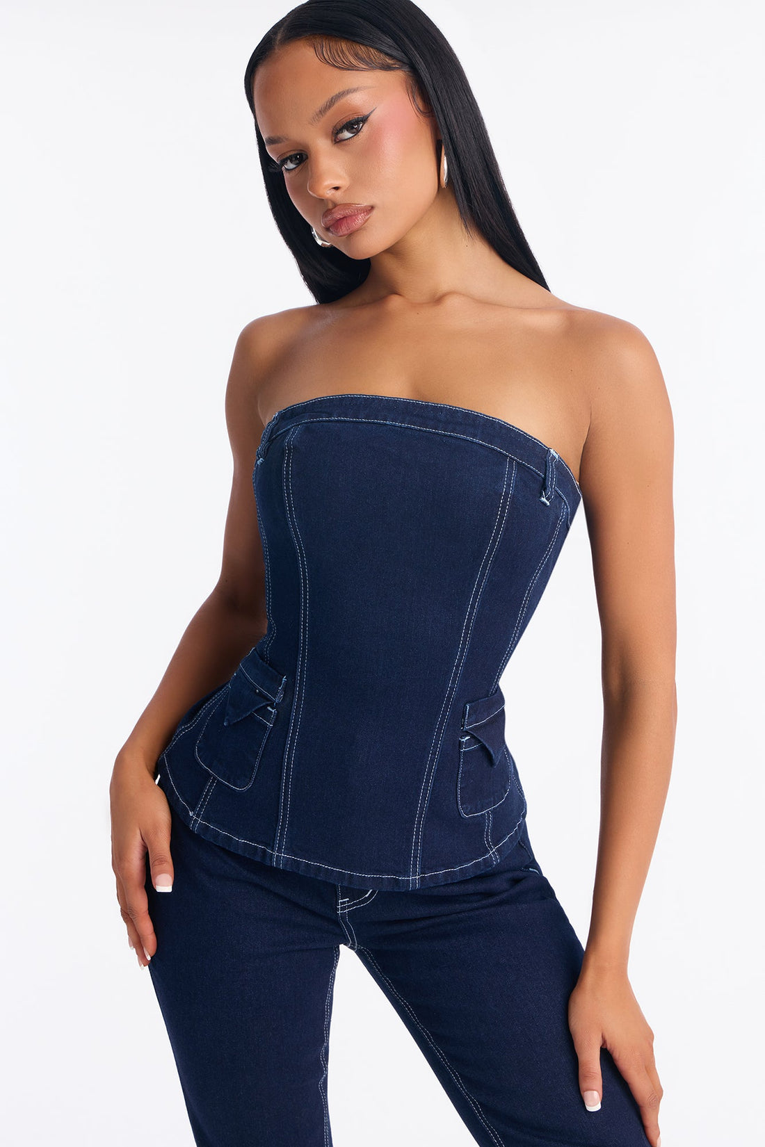 Vanessa Strapless Denim Pant Set - Dark Wash