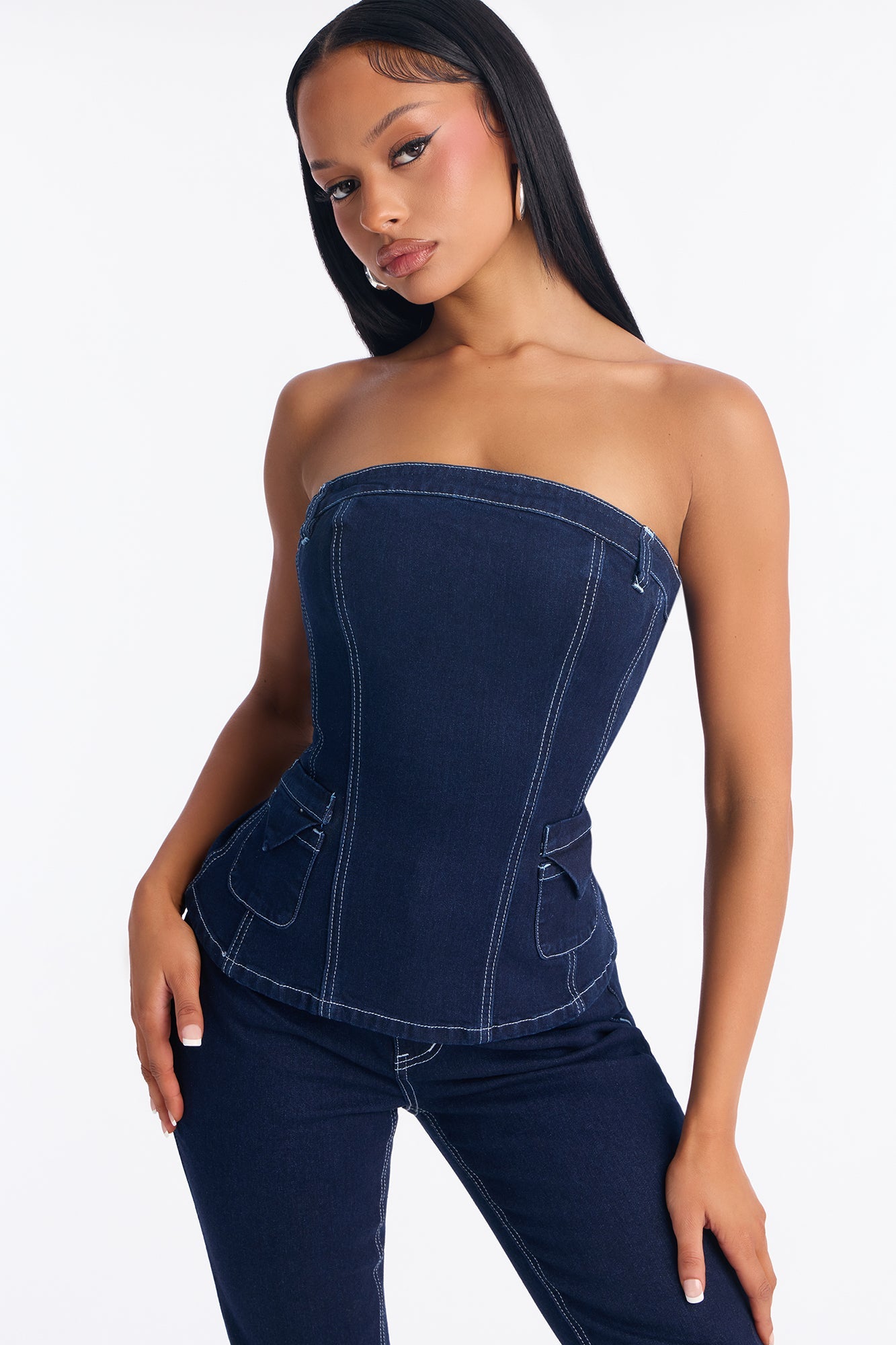 Vanessa Strapless Denim Pant Set - Dark Wash