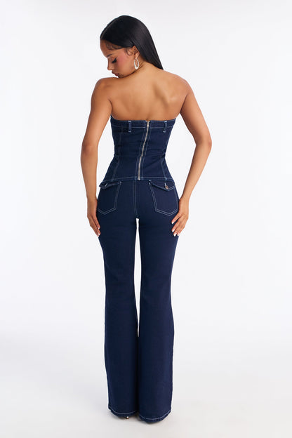 Vanessa Strapless Denim Pant Set - Dark Wash
