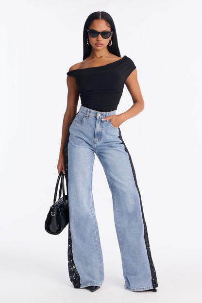 Feeling Fancy Lace Wide Leg Jeans - Light Wash