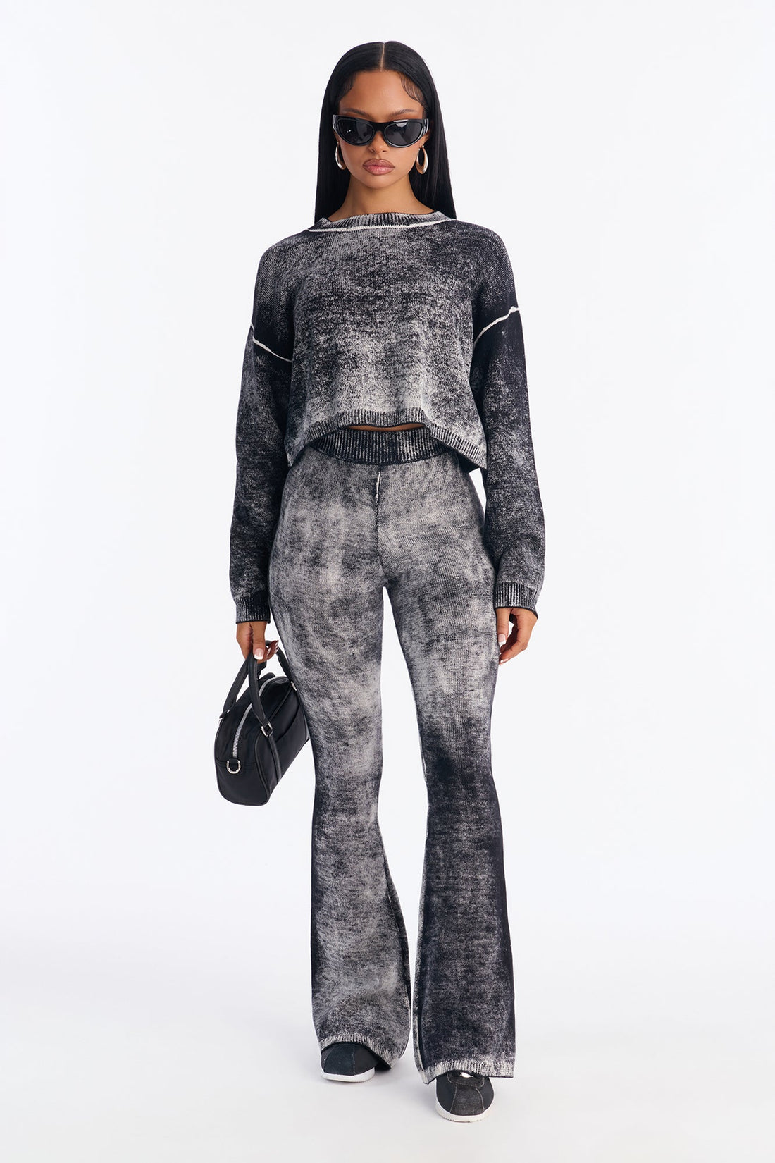 Out Of This World Washed Sweater Wide Leg Pant Set - Black