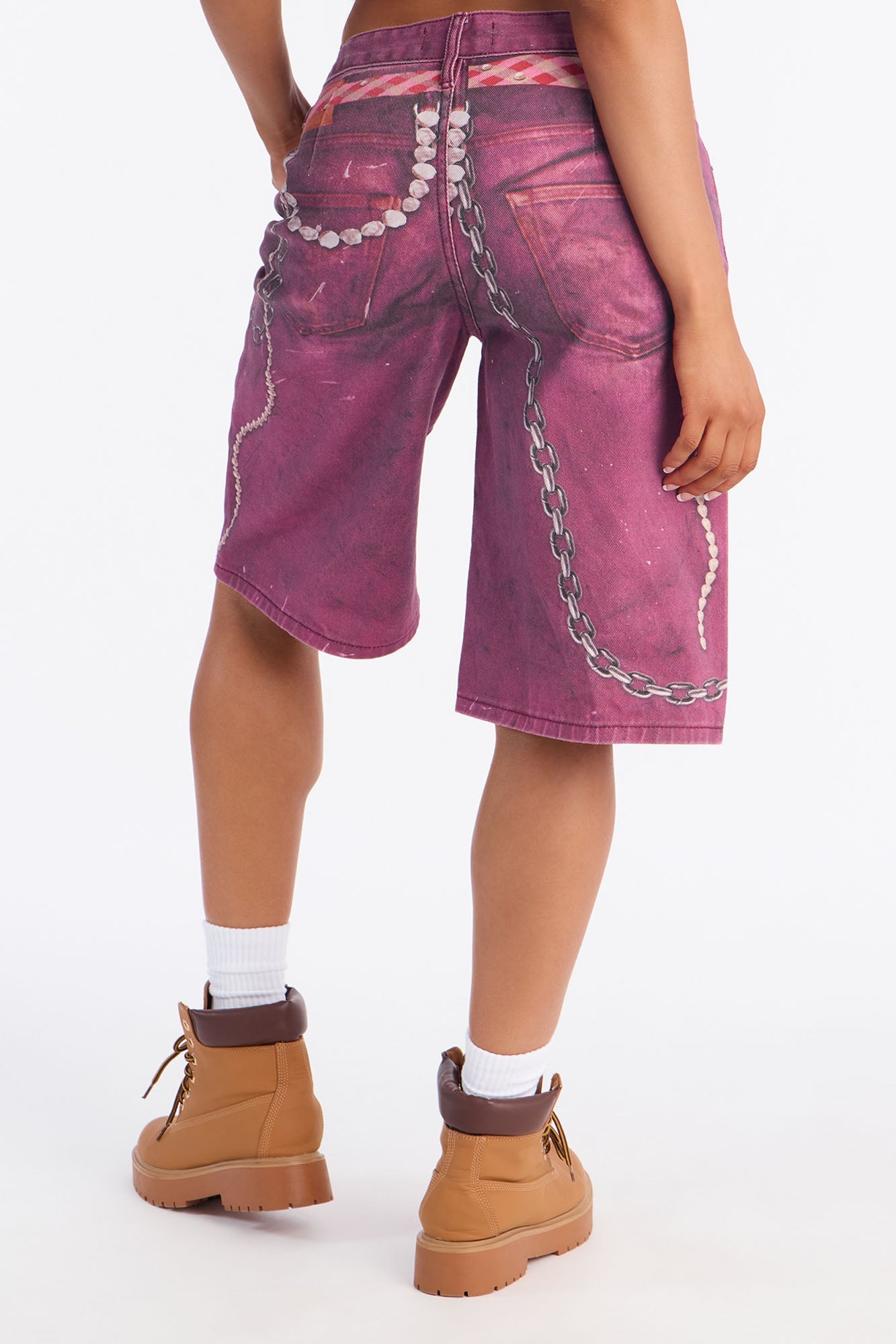 Tie It On Printed Denim Shorts - Burgundy/combo