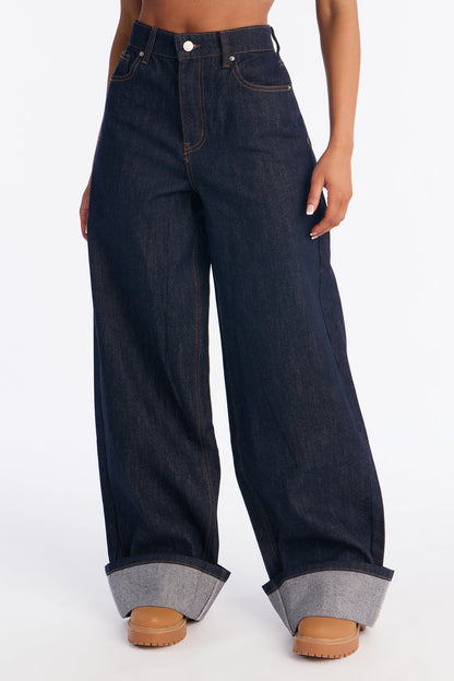 Allente Cuffed Wide Leg Jeans - Dark Denim