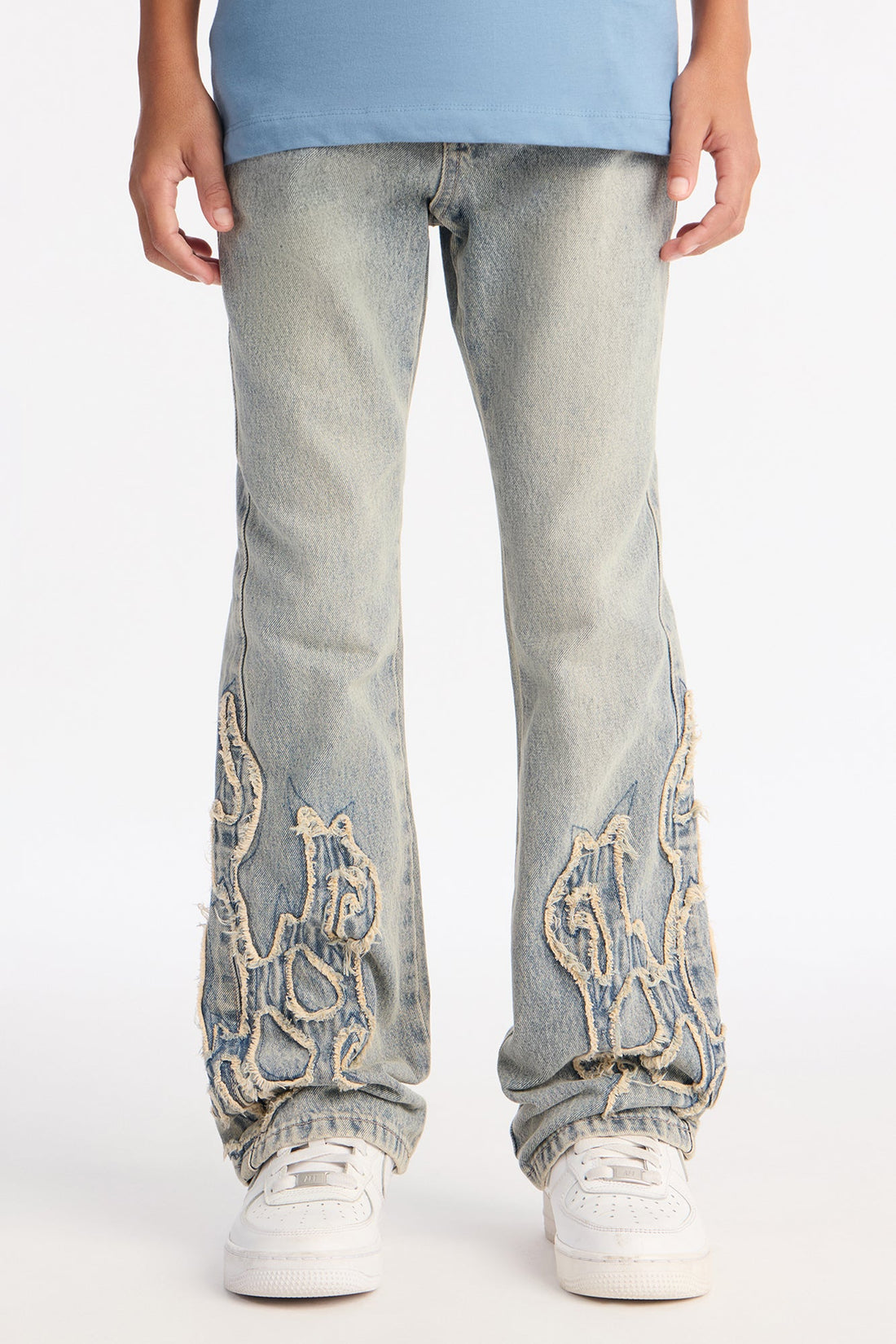 Mini Stacked Slim Flare Heat Fray Jean - Light Wash
