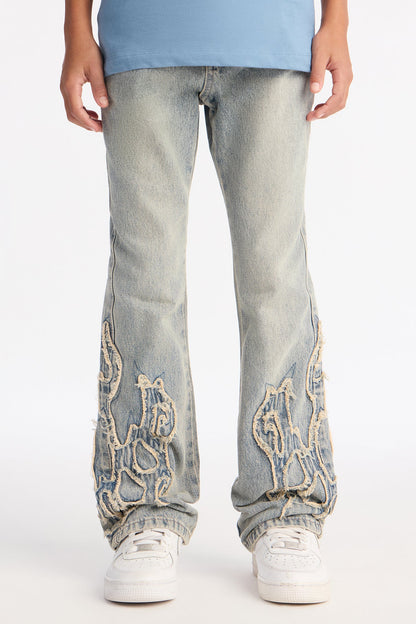 Mini Stacked Slim Flare Heat Fray Jean - Light Wash