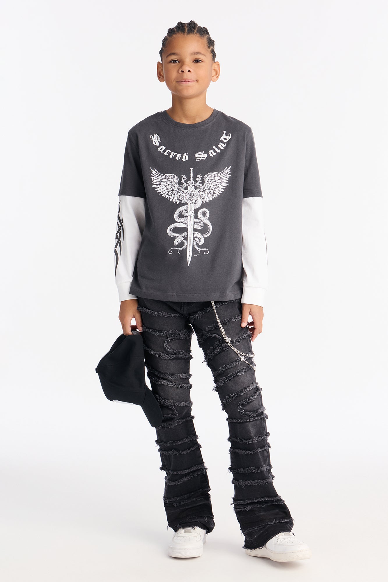 Mini Sacred Saint Layered Long Sleeve Tee - Black/White