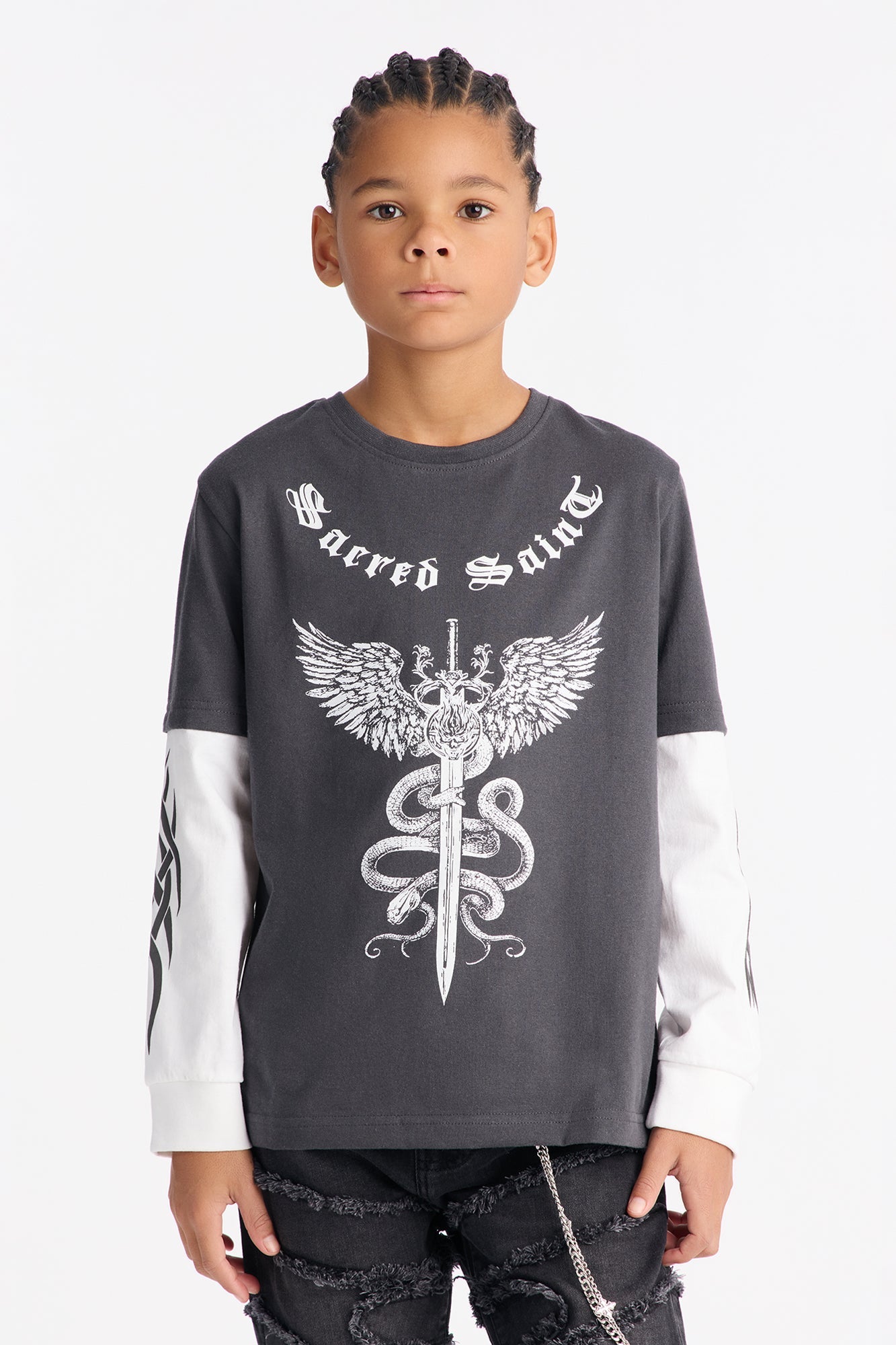 Mini Sacred Saint Layered Long Sleeve Tee - Black/White