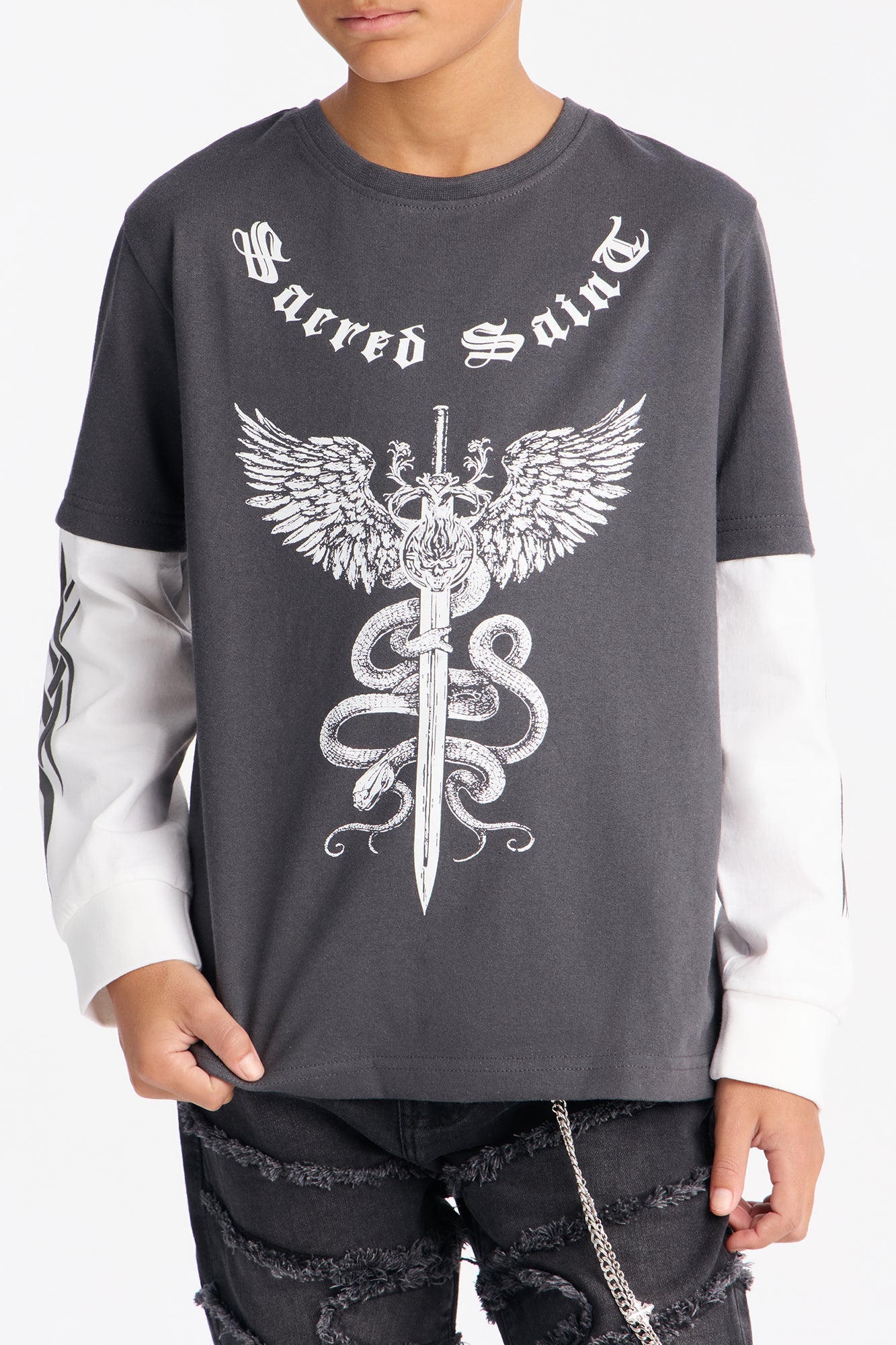 Mini Sacred Saint Layered Long Sleeve Tee - Black/White