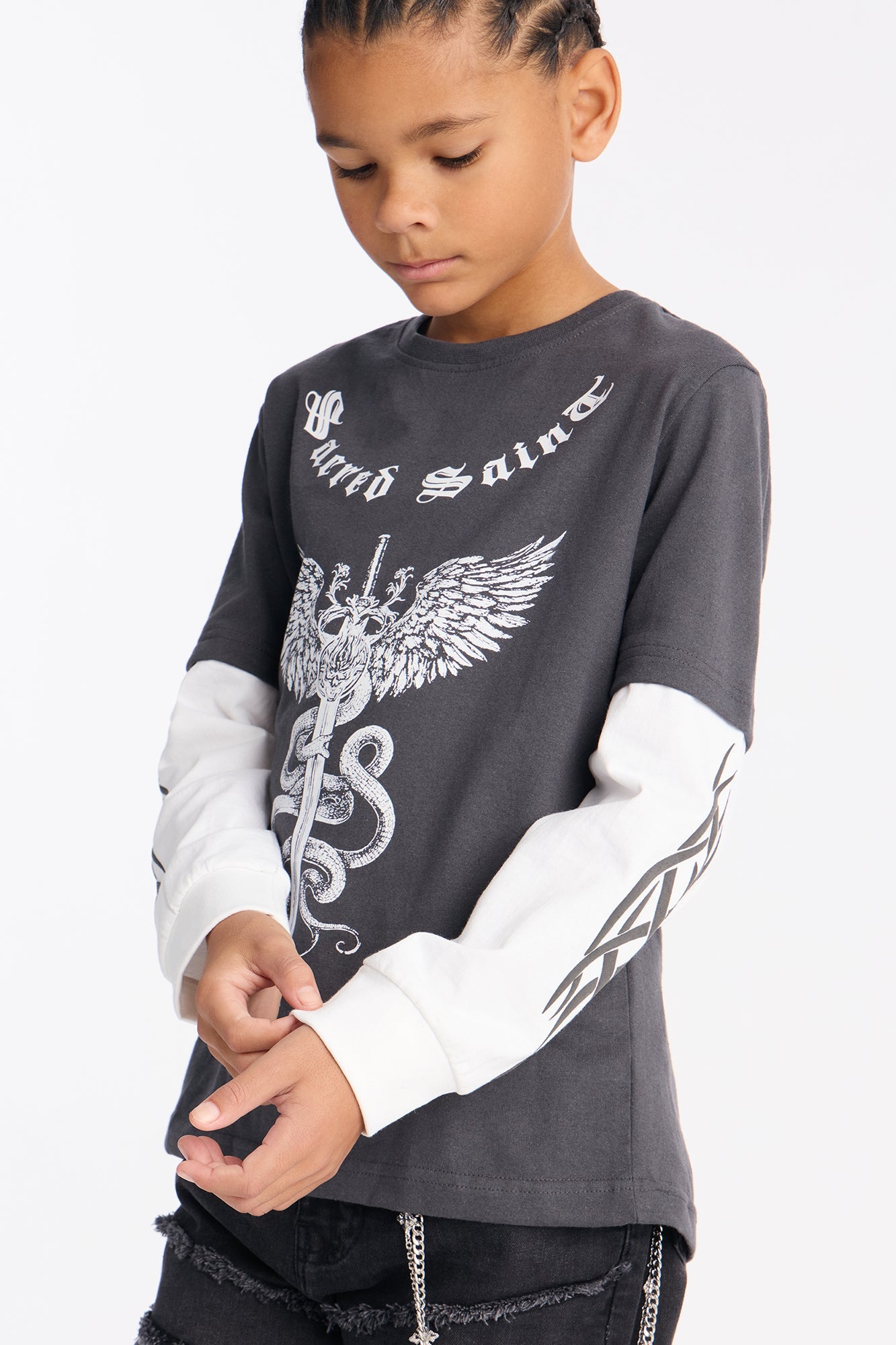 Mini Sacred Saint Layered Long Sleeve Tee - Black/White