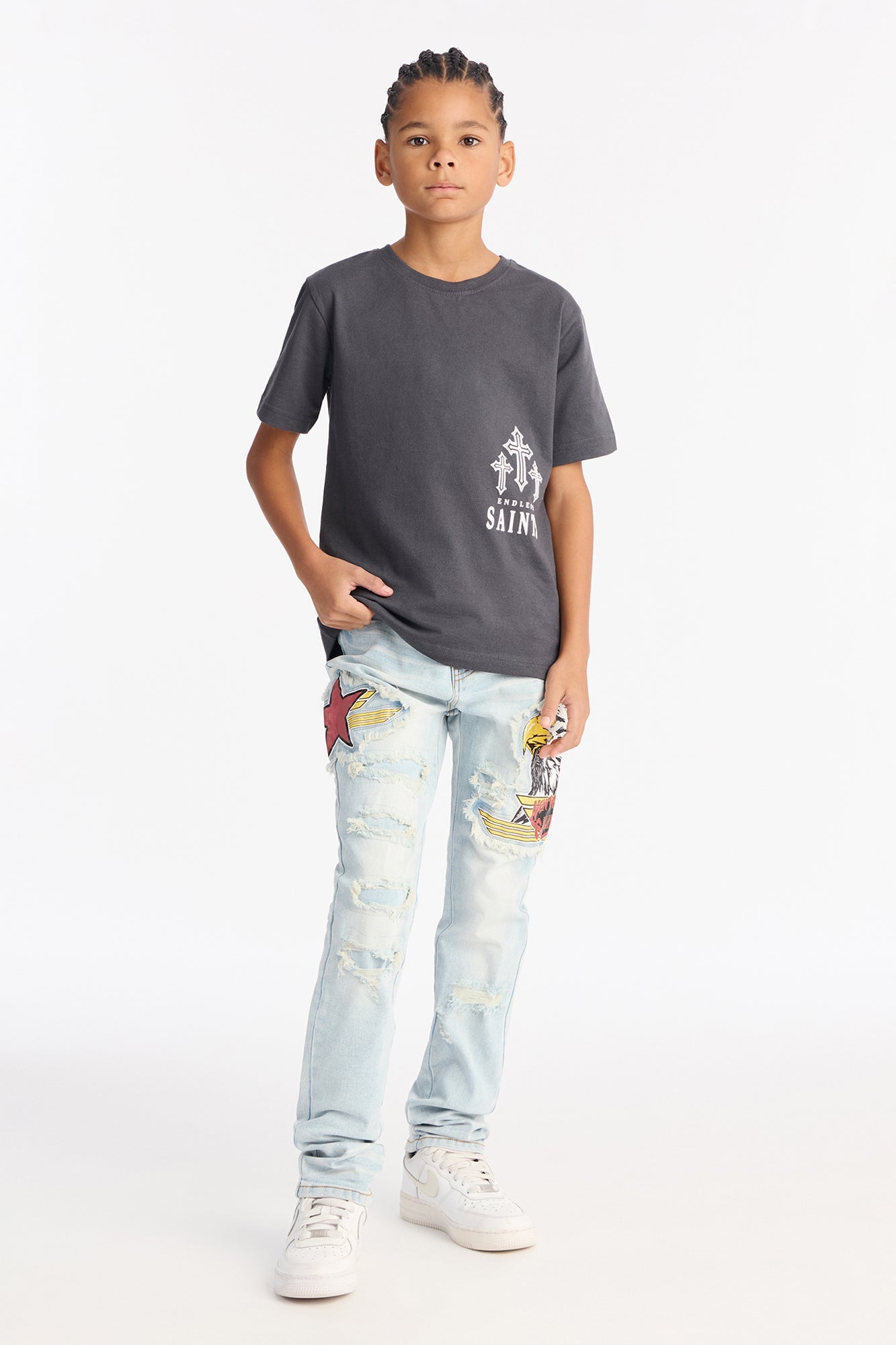 Mini Stacked Skinny Eagle Flight Jean - Light Wash
