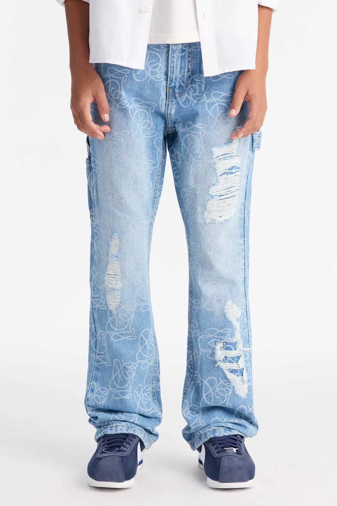 Mini Stacked Slim Flare Slide Thru Distressed Jean - Medium Blue Wash