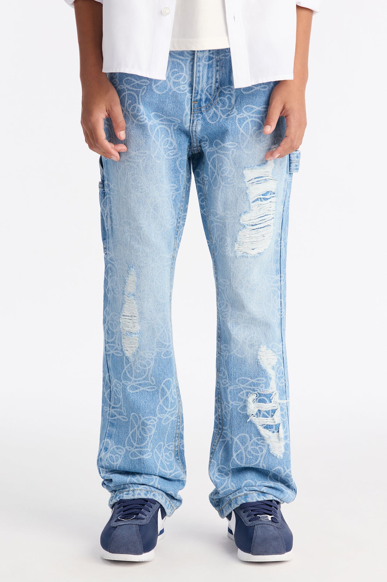 Mini Stacked Slim Flare Slide Thru Distressed Jean - Medium Blue Wash