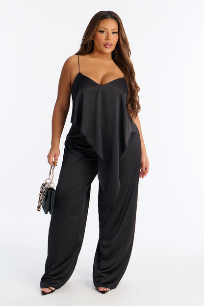 Juna Draped Asymmetrical Satin Jumpsuit - Black