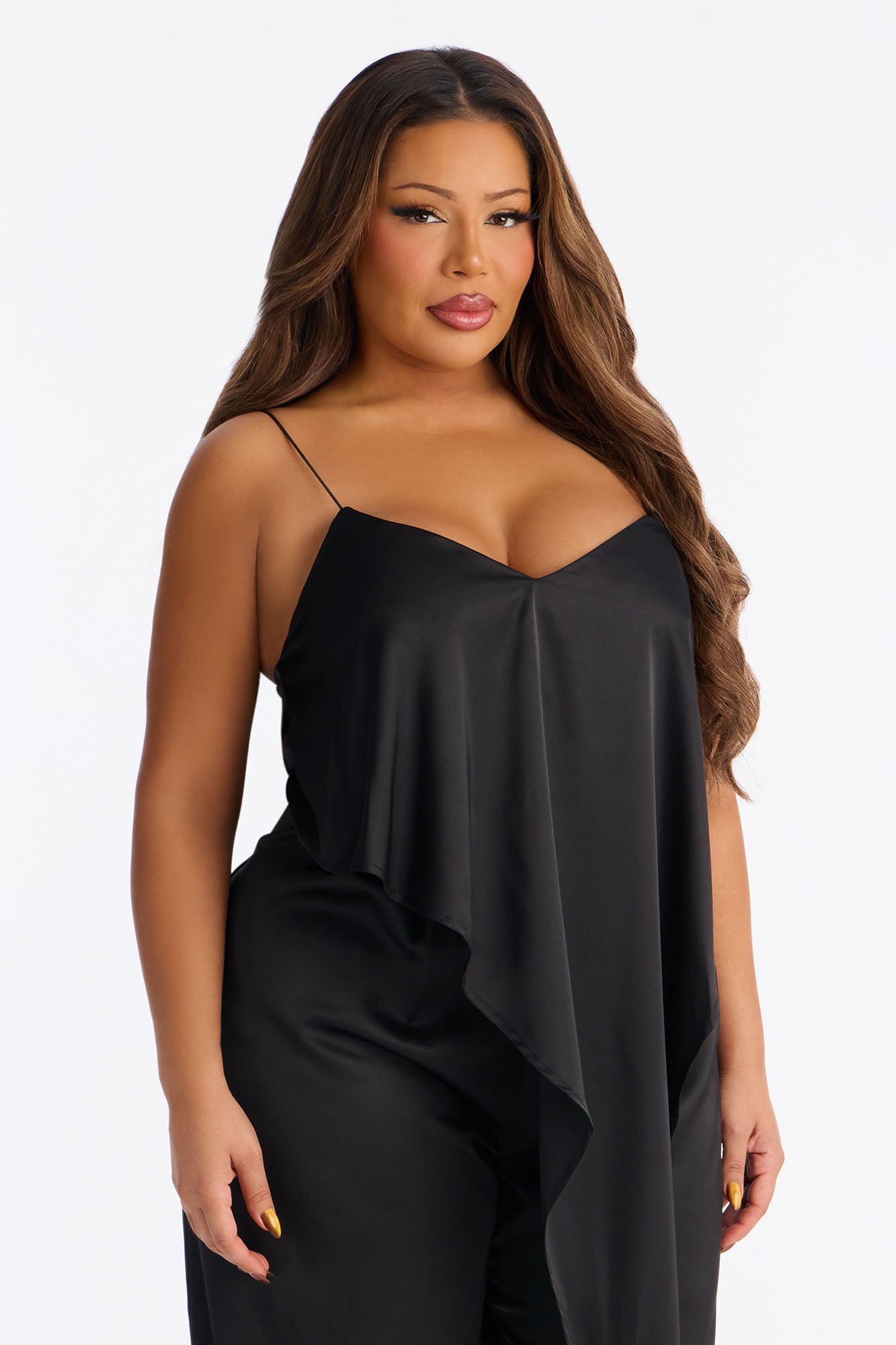Juna Draped Asymmetrical Satin Jumpsuit - Black