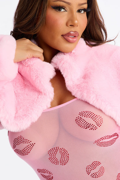 Lip Lover Rhinestone Mesh Romper With Bolero - Pink/combo
