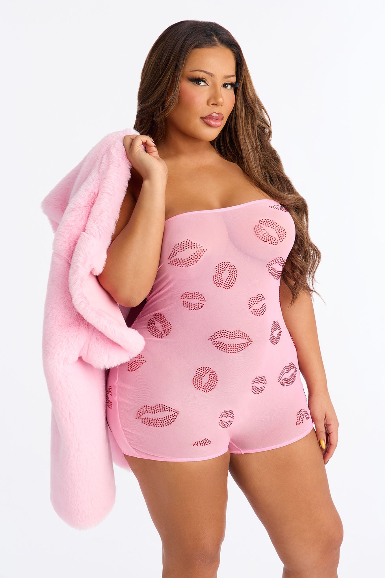 Lip Lover Rhinestone Mesh Romper With Bolero - Pink/combo