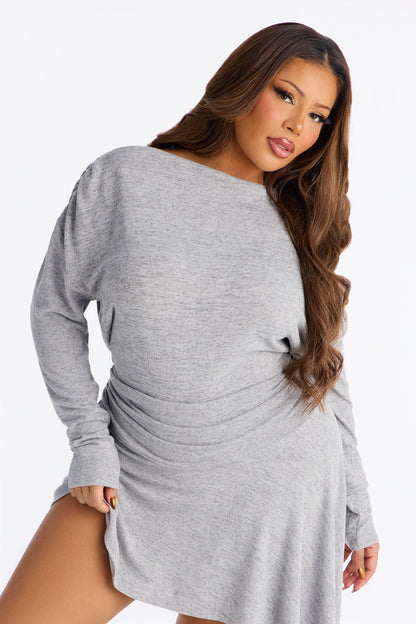 Nylah Asymmetrical Sweater Mini Dress - Grey